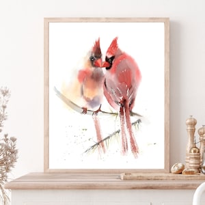 Birds In Love Print, Couple of Cardinals Watercolor Painting Artwork, Two Northern Wild Red Cardinal Wall Art Bird