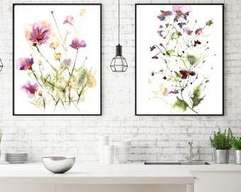 Abstract Floral Painting 2 Art Print Set, Flowers Watercolor Prints, Botanical Set of 2 Art Prints, Set of 2 Gallery Living Room Decor