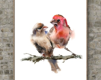 キンカチョウの絵画 キスする鳥 水彩画 アートプリント 枝に止まる2羽