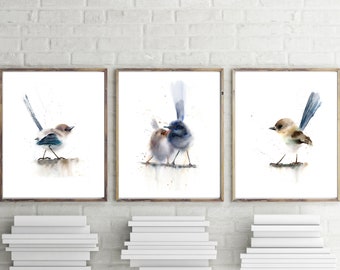 Wren Art Prints, Set Of 3 Bird Prints, Watercolor Paintings, Bird Artwork,  Large Print, Fairy Wren Print, Nursery Art