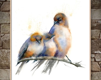 Lámina artística de acuarela con pájaros azules: decoración de pared para la habitación infantil.