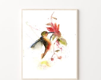 Hummingbird Art Print Wall Art Decor, Flying Little Bird Watercolor Painting, Bird And Flower Artwork, Olive Green And Coral Red Painting