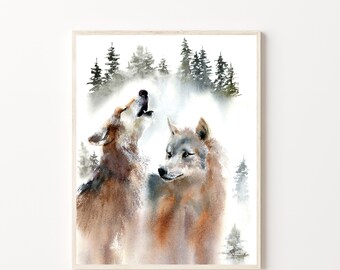 Watercolor Wolves Print, Wild Animal Painting, Woodland Wall Art Decor, Howling Wolf Wildlife Artwork