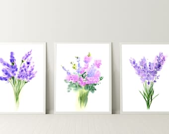 Set Of 3 Lilac Wall Art Prints, Minimalist Watercolor Floral Artwork, Flower Painting, Botanical Living Room Wall Decor