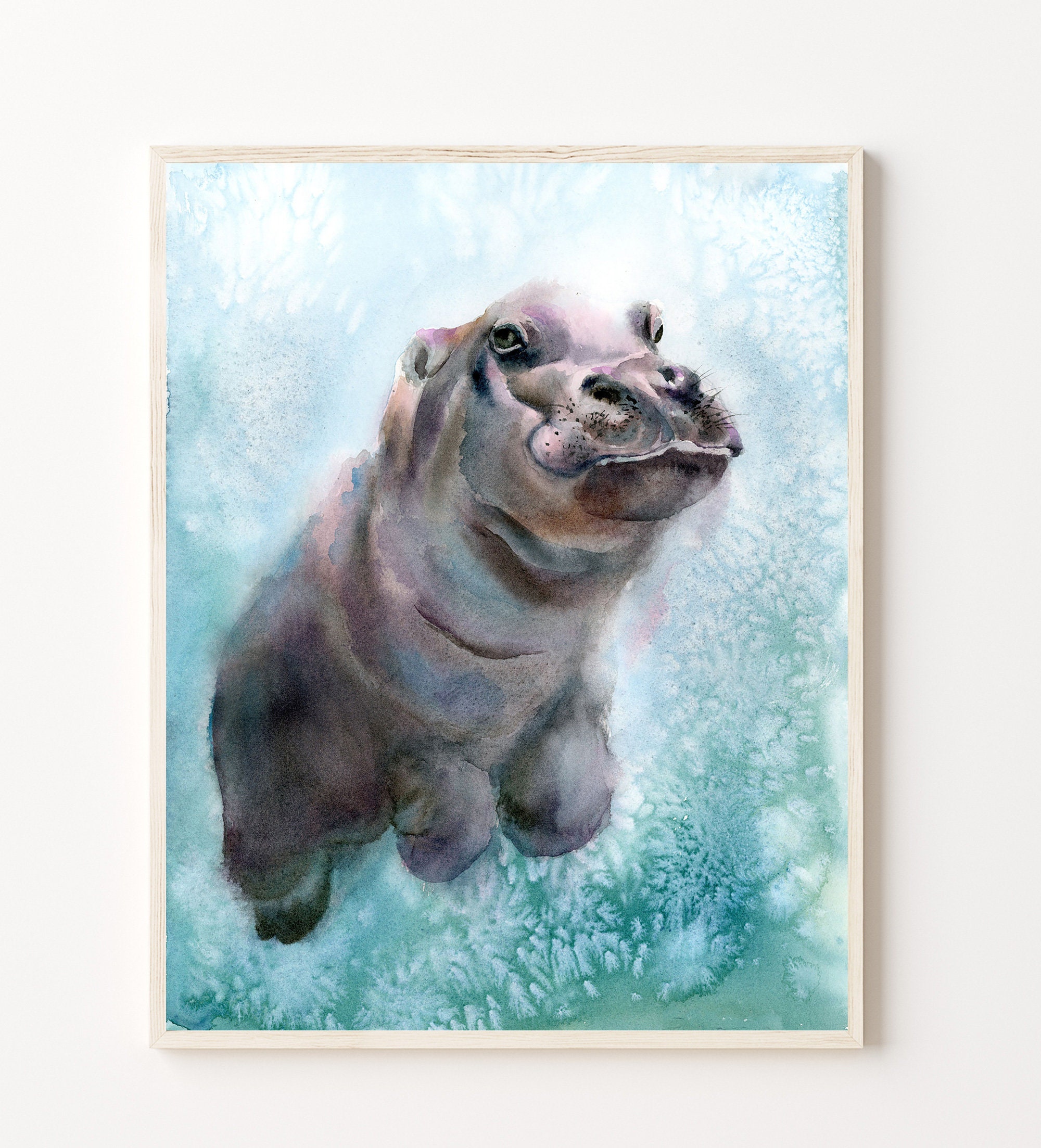 Baby Hippo Art Print: Underwater Swimming Hippo Bathroom Decor