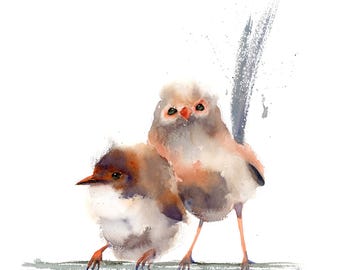 Two Birds Art Print, Wren Watercolor Painting, Minimalist Nursery Wall Decor