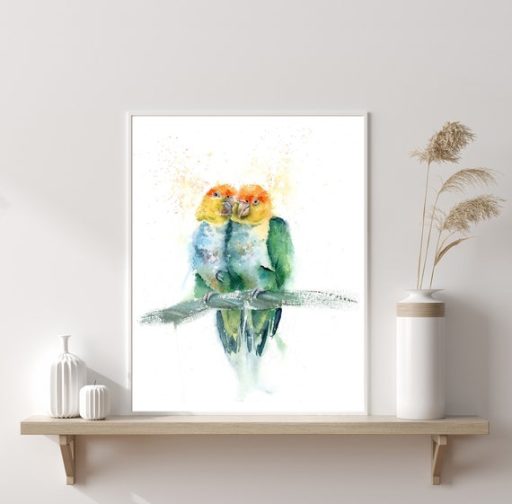 Parrots art print watercolor Love birds painting Green | Etsy