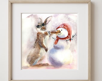 Watercolor Christmas Print: Snowman and Rabbit Holiday Decor