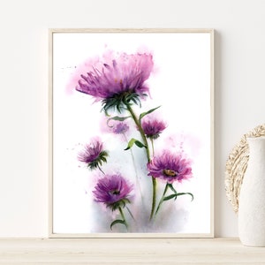 Purple Thistle Print Wall Art Decor, Watercolor Blooming Flower Painting, Botanical Floral Gift For Her