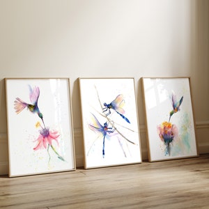 Set Of 3 Prints, Dragonfly And Hummingbird Prints, Wildlife Posters, Flying Birds Wall Art, Watercolor Painting Art, Airbnb Wall Decor, Gift