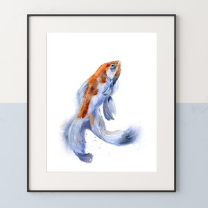 水彩金魚アートプリント | ファンテイル金魚の絵画 | 青とオレンジの魚のバスルーム装飾 | 自然のイラスト