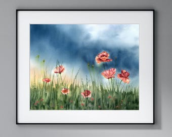 Lámina artística de paisaje de amapolas: acuarela de flores silvestres rojas, decoración floral de pared para sala de estar, obra de arte de campo con flores