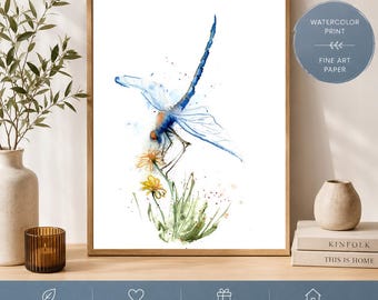 Watercolor Dragonfly Print: Modern Minimalist Beach House Wall Art