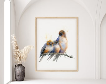 Three bluebirds painting wall art print, Watercolor Blue orange artwork 3 birds on the branch, Nursery wall room decor