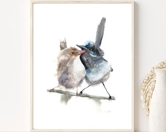 Fairy Wren Fine Art Print, Aquarell Malerei Nursery art, Bild mit Hahn, zwei Vögel, zwei Vögel, Paar Vögel Malerei