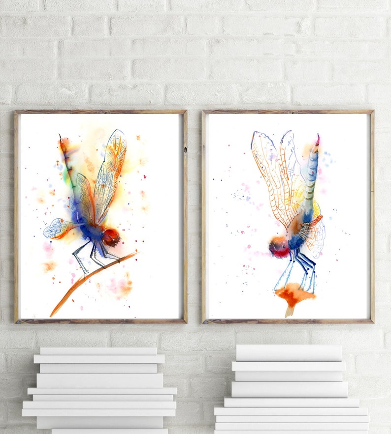 Dragonfly Wall Art Set Of 2 Prints Watercolor Insect Painting Colorful Artwork Home Decor Gift Gallery