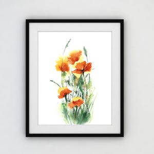 Klaprozen Art Print, aquarel oranje Californië bloemen muur decor, klaproos bloem kunst, botanische kunstwerken, tuin weide bloem kunst aan de muur