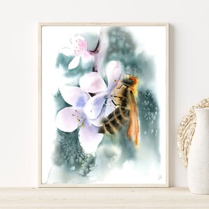 Bee And Flower Art Print, Watercolor Botanical Painting, Whimsical Nature Wall Decor