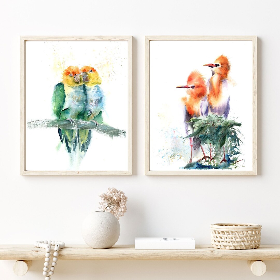 Birds Wall Art Set of 2 Watercolor Prints of Green Parrots and Cattle ...
