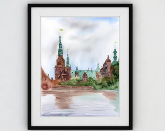 Danish Historical Architecture Art Print, Frederiksberg Castle Watercolor Brown Green Wall Decor