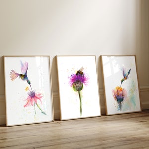 Set Of 3 Hummingbirds Prints, Triptych Wall Art, Birds And Bee Art Set, Hummingbirds Wall Art, Floral Artwork, Minimalist Wall Decor, Gift