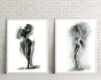 Body Art Print Set of 2 Wall Art, Woman Figure Black and White Monochrome Drawing, Naked Female Modern Gallery, Nude Silhouette Artwork