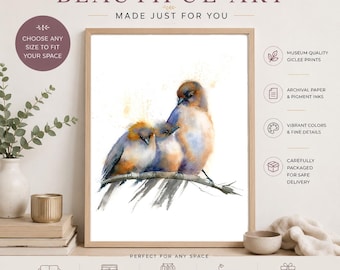 Aquarell-Vogeldruck, Drei Singvögel auf einem Ast, Giclée-Naturdruck, Wanddekoration im Cottagecore-Stil