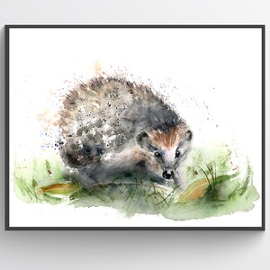 Stampa artistica di riccio, animale del bosco, dipinto ad acquerello, per bambini, fauna selvatica, decorazione da parete orizzontale della natura
