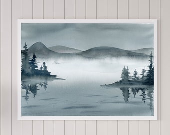 Misty Landscape Watercolor Painting, Shades of Gray Abstract Mountains and Lake Reflection, Pine Trees Artwork