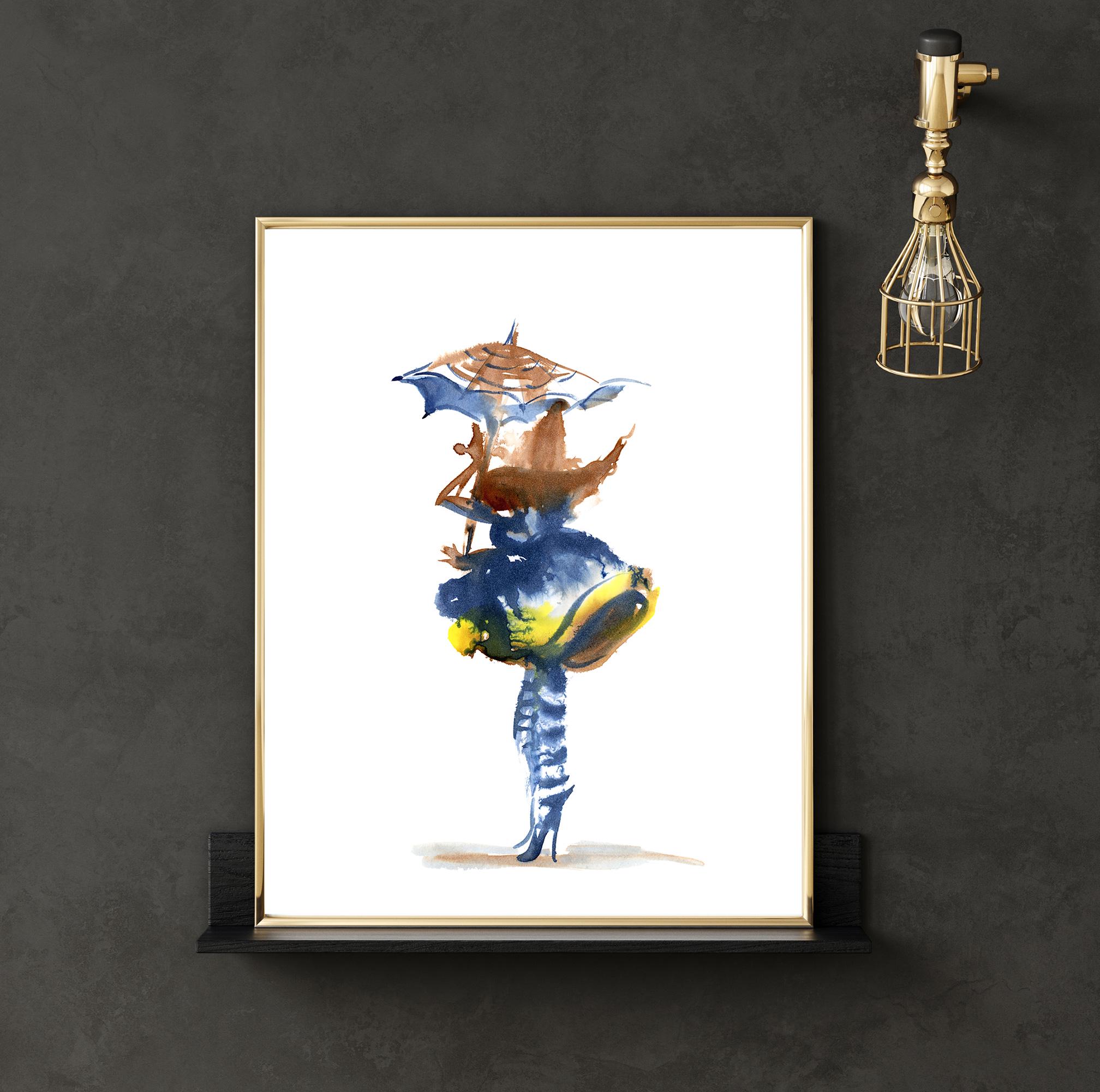 Whimsical Watercolor Circus Dancer Art Print, Abstract Blue & Yellow Performer with Umbrella, Colorful Wall Decor