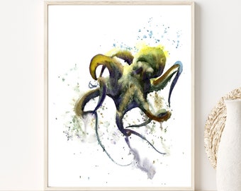 Green Octopus Art Print Watercolor Painting,  Sea Animal Bathroom Wall Decor