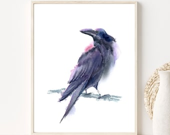 Raven Art Print Wall Decor, Watercolor Crow Bird Painting, Dark Bird Artwork Ornithology Modern Nature Room Decor