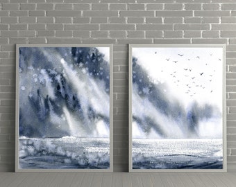 Gallery Set Of 2 Art Prints, Abstract Landscape Wall Art, Large Size Artworks, Diptych Wall Print , Watercolor Painting, Japandi Wall Art