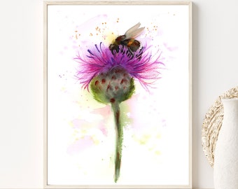 Honey Bee Painting Giclée Art Print, Watercolor Thistle Flower, Nature Wall Art Decor, Insect Honeybee Floral Wildlife Artwork