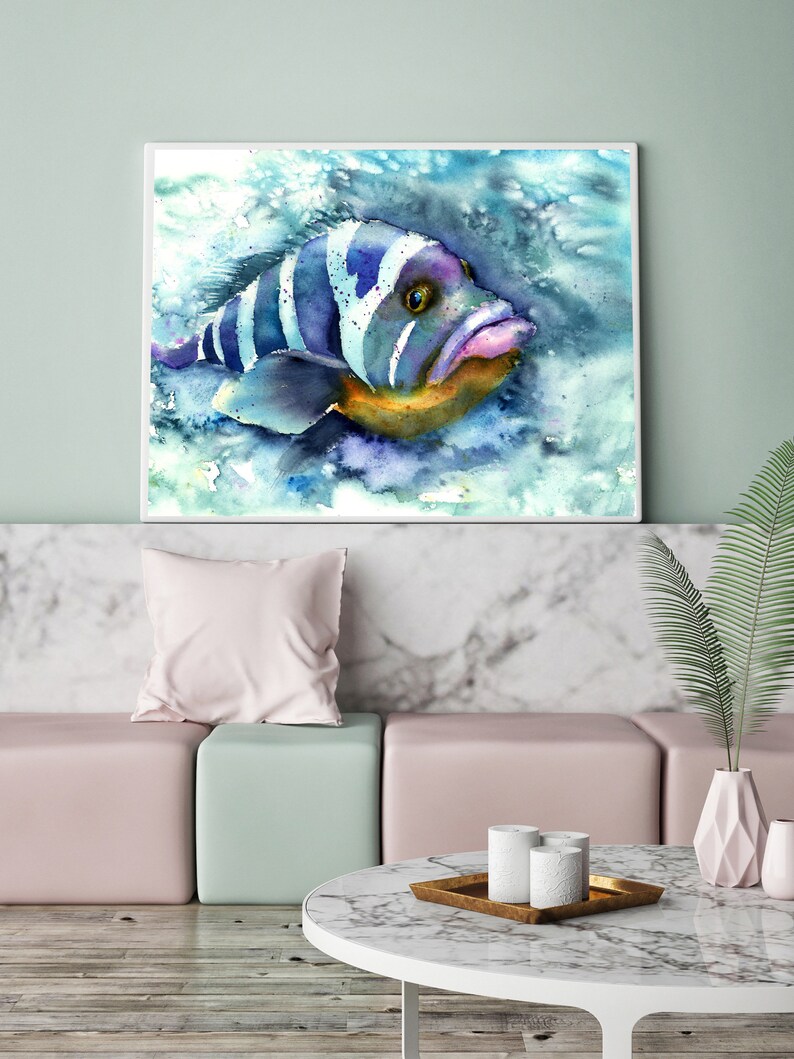Tropical Fish Wall Art Print Watercolor Underwater Painting Etsy