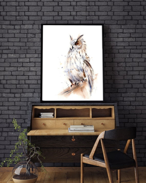Owl Art Print Wall Decor Watercolor Bird Painting Horned Owl | Etsy