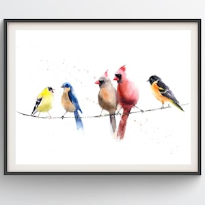 Birds On A Wire Print, Birds Watercolor Painting, Horizontal Print Art, Large Size Print, Nursery Wall Decor, Birds Gallery Wall Art, Gift
