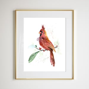 Northern Cardinal Art Print, Watercolor Bird Painting Cozy Wall Art, Nature Living Room Wall Art Decor, Bird Lover Gift, Cottage Core Decor