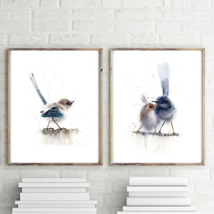 Wren birds print Set of 2 poster Watercolor painting art, Minimalist birds wall art set of two fine art prints, Bird Lover Gift