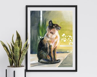 Cat Print, Animal Mixed Media Painting, Calico Cat Vibrant Wall Art Decor, Siamese Cat Mustard Yellow, Green, Gray Artwork