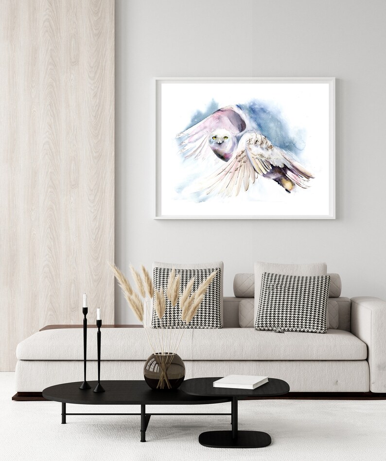 White owl painting woodland nursery poster Polar Owl art print wall decor Flying bird Watercolor Snowy owl fine art print
