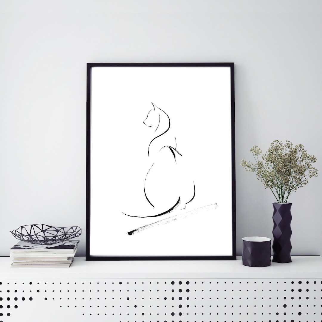 Minimalist Cat Line Drawing Print, Silhouette Wall Art