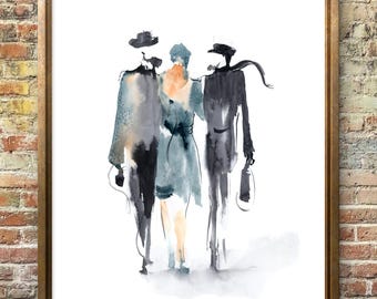 Impressão artística minimalista de pessoas: Obra de arte abstrata em aquarela com figuras humanas.