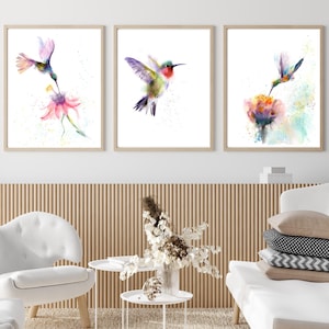 Hummingbird Watercolor Art Prints: Triptych Set of 3, Floral Bird Wall Decor