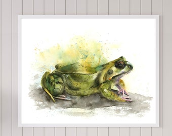 Green Animal Art Print, Watercolor Frog Painting, Reptile Giclée Print, Water Amphibians Bathroom Wall Décor, Horizontal Artwork