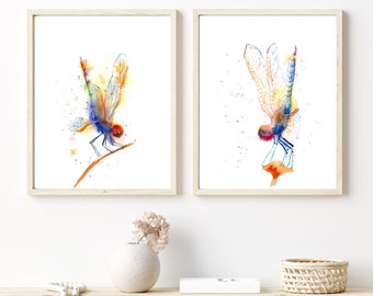 Colorful Dragonfly Set Of 2 Prints Wall Art, Insect Watercolor Living Room Home Gallery Decor