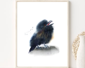 Baby Raven Painting, Black Bird Print, Watercolor Painting Nursery Wall Art Decor, Crow Artwork