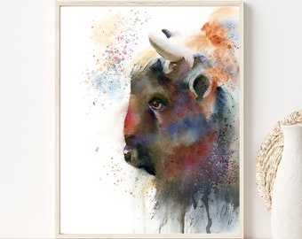 Buffalo Print Wall Art, Watercolor Bison Painting Wall Art Decor, Colorful Animal Portrait Illustration, Wild Nature Artwork