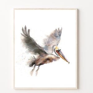 Brown Pelican Art Print, Watercolor Bird Wall Decor, Minimalist Coastal Home Decor, Wildlife and Nature Lover Gift, Flying Bird Poster
