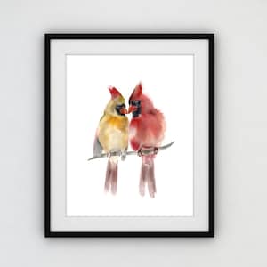 2羽のカージナルプリント、恋する鳥の壁飾り、ミニマリスト水彩画、カージナルアート鳥愛好家へのギフト
